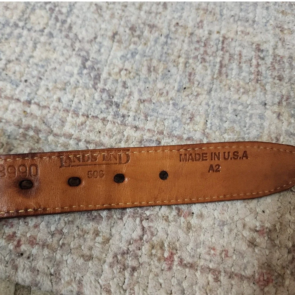 Lands End Mens Belt Khaki Canvas Brown Leather Solid Brass Buckle USA Made 73990